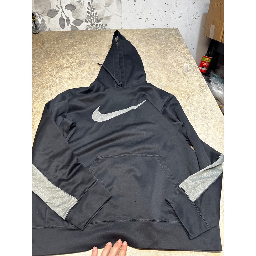 Nike Therma-FIT Mens Large Black Grey Swoosh Pullover Hoodie Sweatshirt 4P09